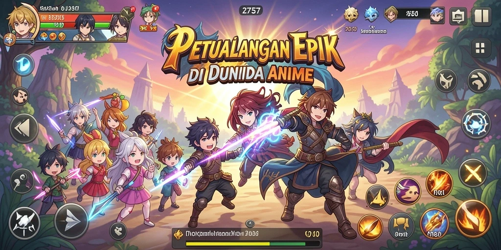 Screenshot utama 2757 menampilkan karakter anime dalam pertempuran aksi.