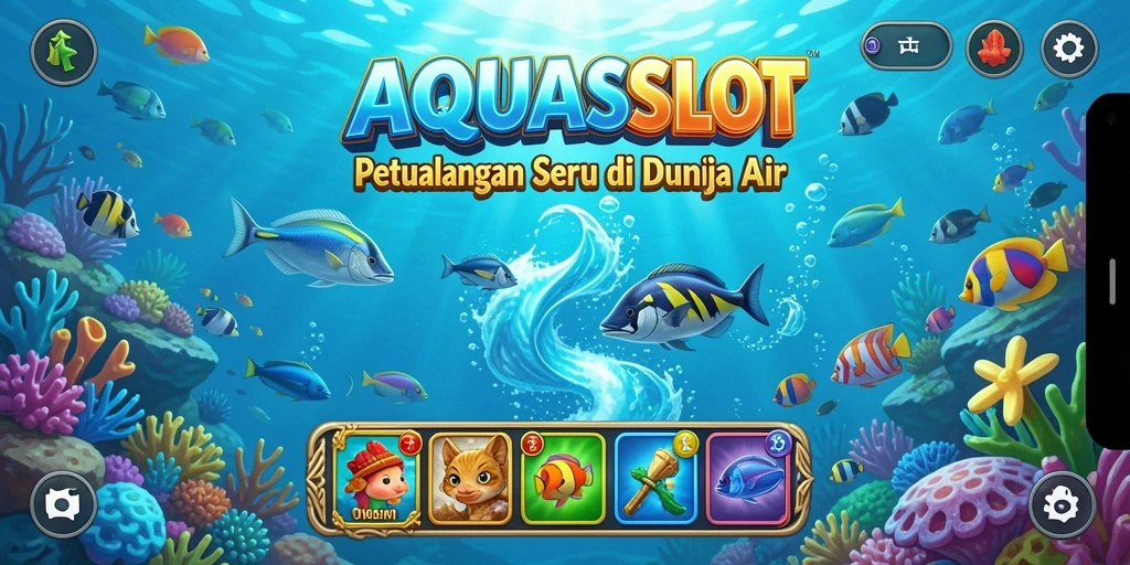 Screenshot utama AQUASLOT menunjukkan aksi gameplay di lautan yang menakjubkan.