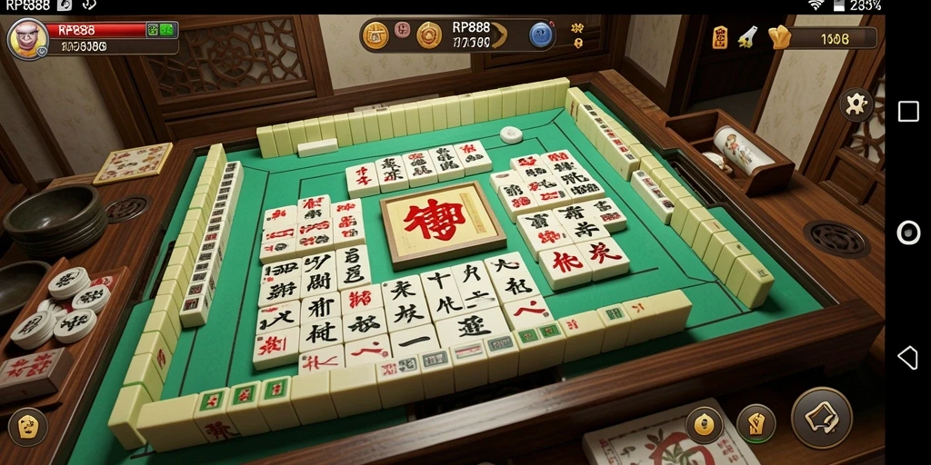Screenshot gameplay RP888 menunjukkan suasana seru bermain Mahjong.